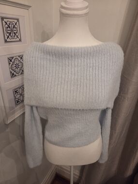 NWT Baby Blue Fuzzy Off-Shoulder Ribbed Sparkly Eyelash Sweater - Hippie Rose
